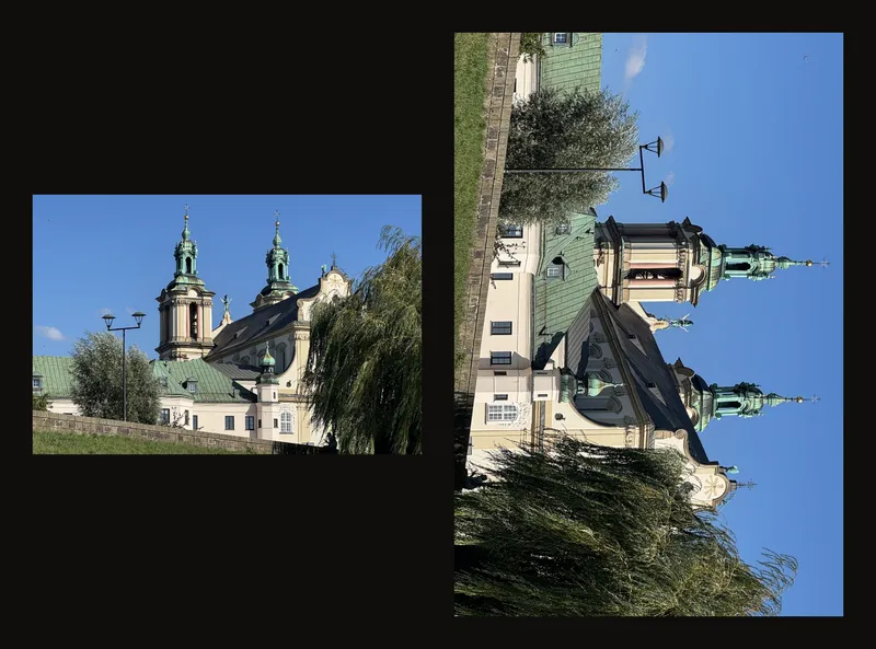 Original landscape church photo beside the same photo rotated 90 degrees clockwise