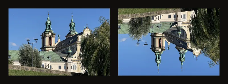 Original church photo on the left and vertically mirrored photo on the right