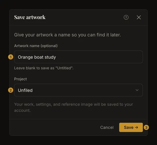 Save artwork dialog with optional name, project selector and Save button
