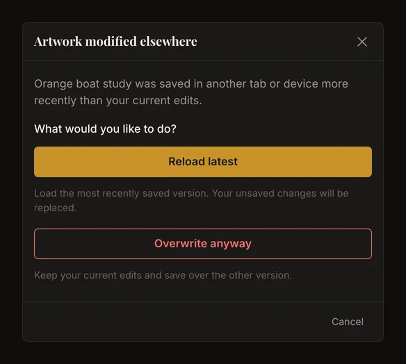 Artwork modified elsewhere dialog showing reload, overwrite and cancel choices