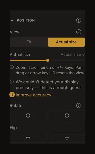 Actual-size view with the accuracy message and Improve accuracy button marked
