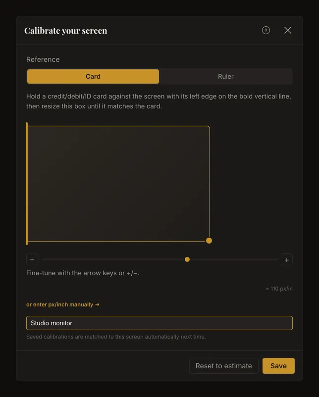Calibration dialog showing the card outline, resize handle and optional screen-name field