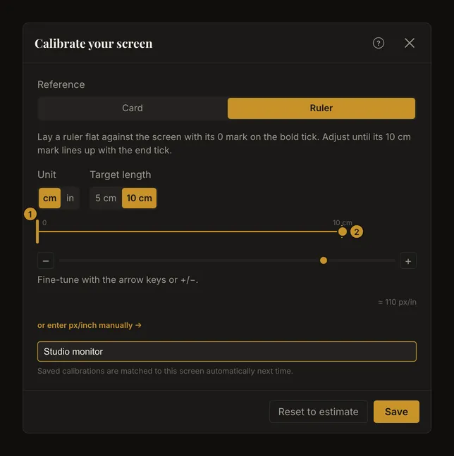 Calibration dialog using the 10 cm ruler reference, with its starting tick and resize handle marked