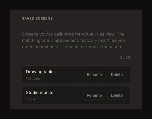 Saved Screens in Settings with named calibration entries and rename and delete controls