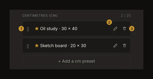 Named centimetre favourites with dimensions and individual reorder, rename and delete controls