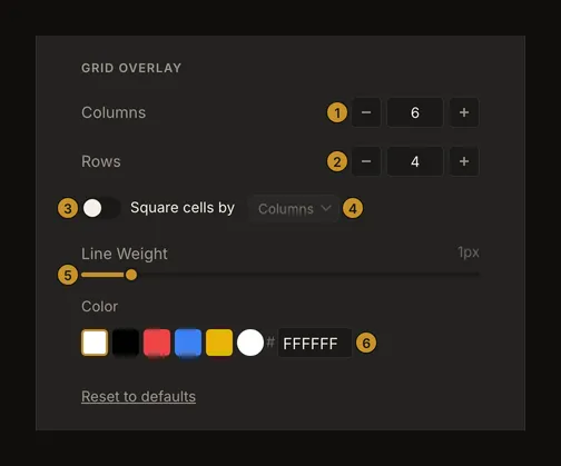 Settings grid defaults with column and row values, square-cell settings, line weight and colour