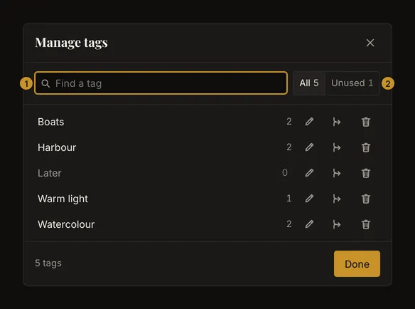 Manage tags dialog with names, artwork counts and rename, merge and delete controls