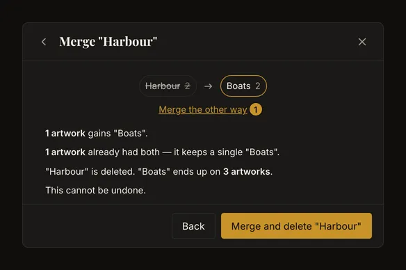 Preview merging Harbour into Boats with one added assignment, one overlap and three resulting artworks