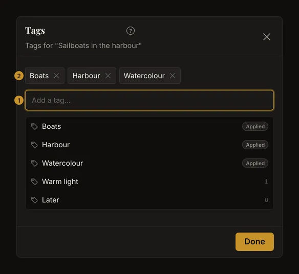 Tag editor on a saved boat reference with applied tags and suggestions