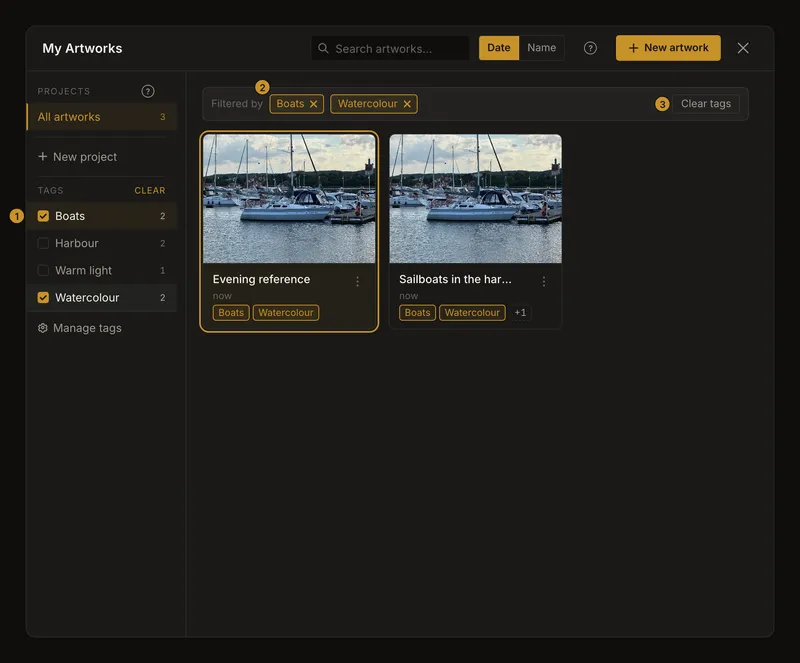 Artwork gallery with Boats and Watercolour tag filters applied