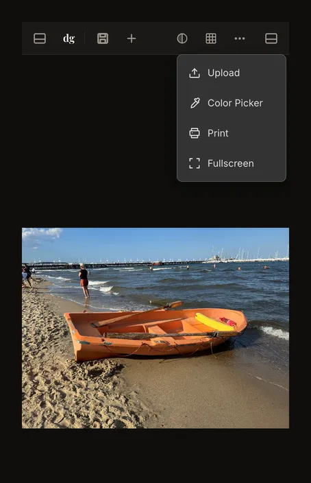Phone toolbar menu showing Upload above the orange boat reference
