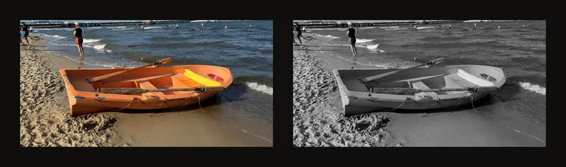 The same cropped boat reference in colour and smooth greyscale