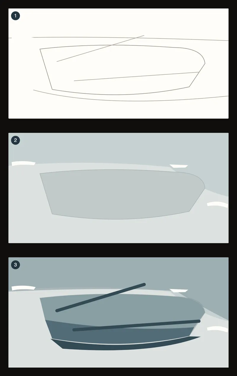 Three simplified teaching diagrams: a light outline, a pale wash around reserved whites, and connected darker boat shapes