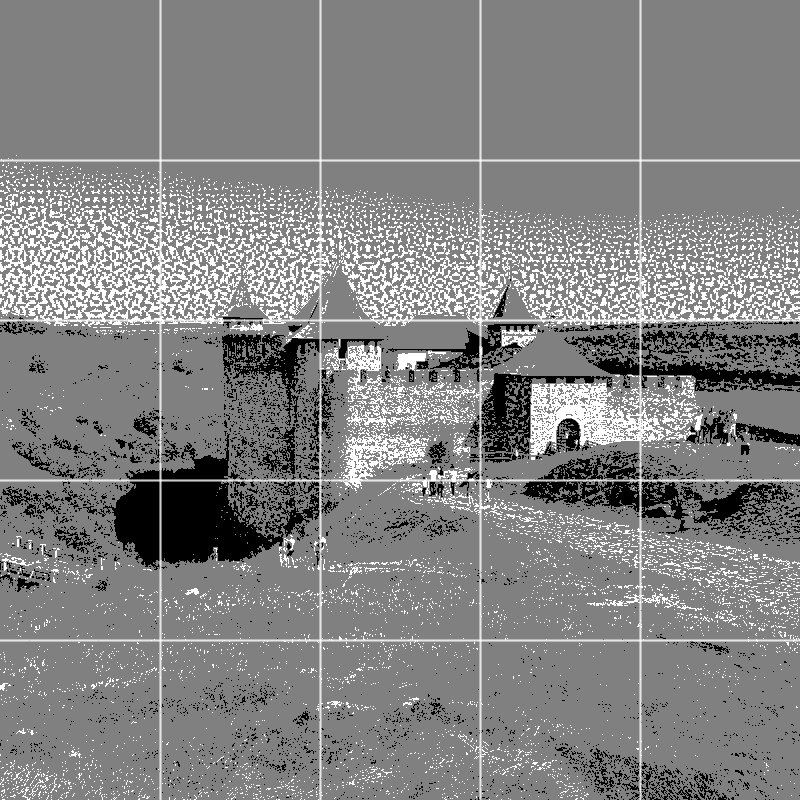 La photo de référence postérisée en trois valeurs avec une grille de cellules carrées superposée
