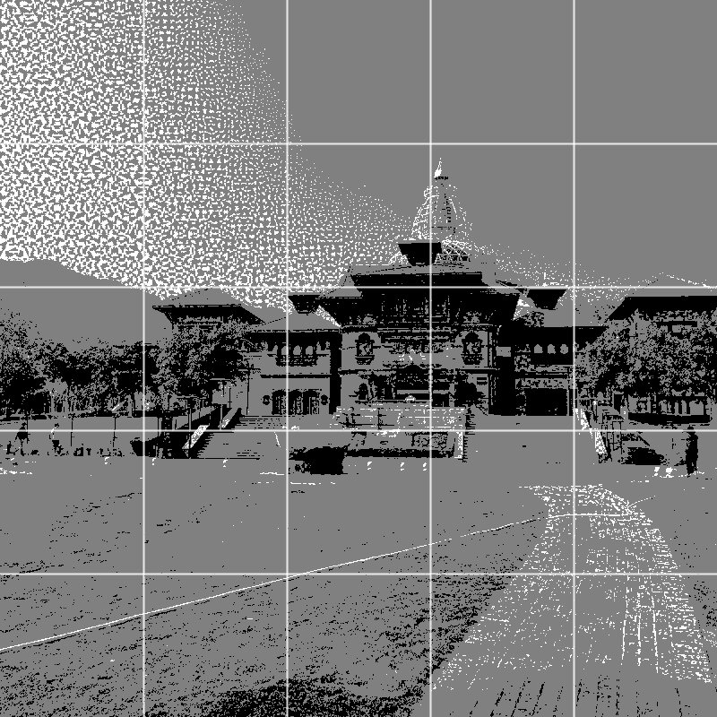 The reference photo posterized to three values with a square-cells drawing grid overlay